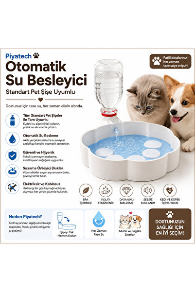 PİYATECH Otomatik Kedi Su Kabı | Hazneli Kedi Su Kabı | Yerçekimli Otomatik S...