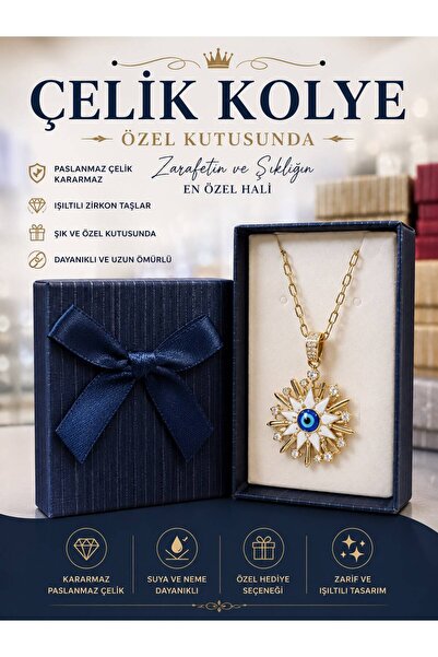 İlkbenaldim Stone-Encrusted Evil Eye Sun Model Steel Necklace, Anti-Tarnish G...