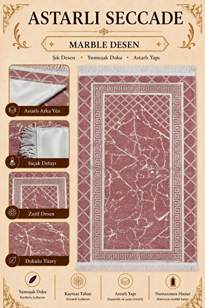 İlkbenaldim Lined Marble Patterned Chenille Prayer Rug |   Soft Textured Non-...