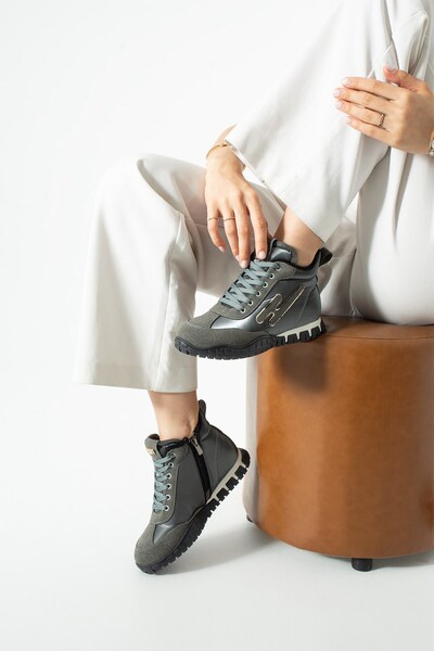 SEFERİ Women's Gray Lace-Up Thermo Sole Comfortable Sports Shoes