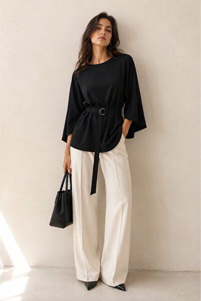 moda wanilia Modern and Stylish Women's Bat Sleeve Atlas Blouse with Waist Belt
