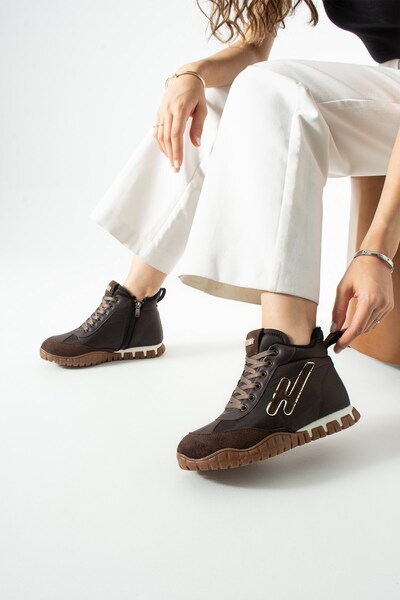 SEFERİ Women's Brown Lace-Up Thermo Sole Comfortable Sports Shoes