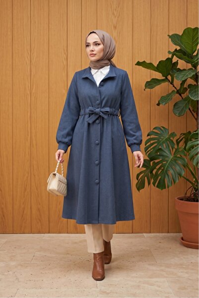 MODAQU Women's Belted Balloon Sleeve Cashmere Coat Navy Blue