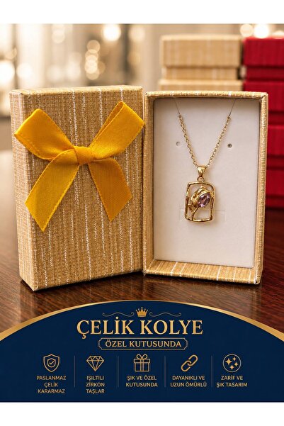 İlkbenaldim Pink Stone Tulip Model Steel Necklace, Non-Tarnish Gift in Specia...