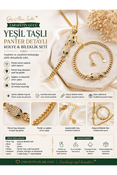 Genel Markalar Yeşil Taşlı Panter Detaylı Kolye & Bileklik Seti