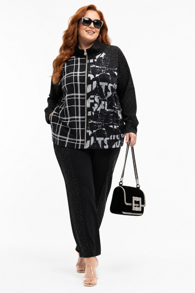 LA VELINA Plus Size Women's High-Neck Zipper Plaid and Letter Print Stone Det...