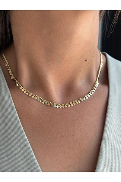 Tuysa Jewelry Gold Renk Pullu Zincir Kolye – Minimal Sallantılı Yuvarlak Plak...