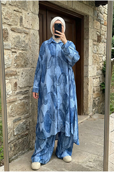 Kirazca Butik Women's Patterned Oversize Kimono Shirt and Pants Two-Piece Set