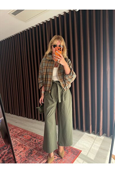 begum mayda Kuşaklı Haki Premium Pantalon