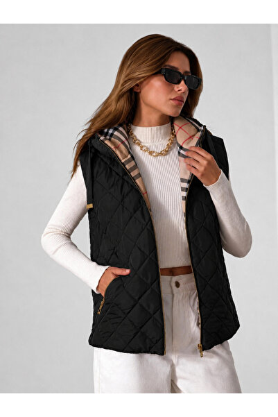 rota 360 Women's Hooded Plaid Lined Gold Zippered Quilted Puffer Vest