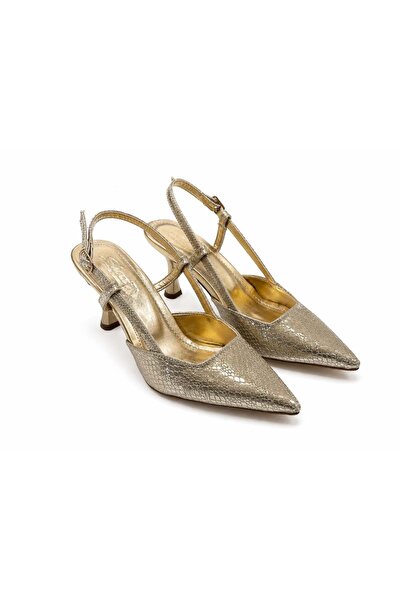 asmi shoes Women's Matina Gold Printed 7 cm Heeled Pointed Toe Open Back Shoes