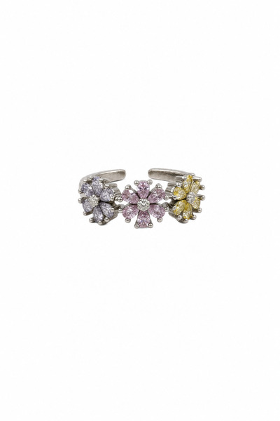 Jack Ferrero Adjustable Colorful Stone Flower Motif Gray Tone Steel Ring