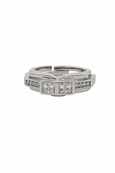 Jack Ferrero Adjustable Grey Color Rectangular and Round Stone Steel Ring