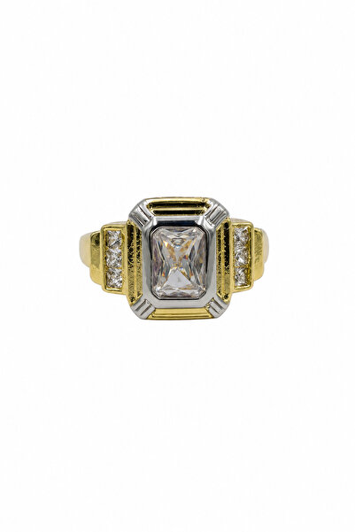 Jack Ferrero Stylish Steel Ring with Yellow and Gray Tone Rectangular Cut Stone
