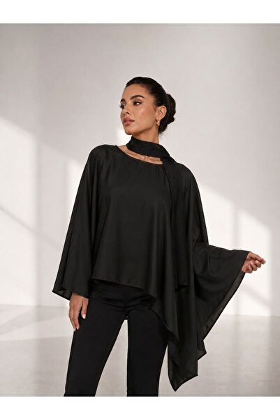 Olbia Women's Black Asymmetrical Satin Blouse with Scarf