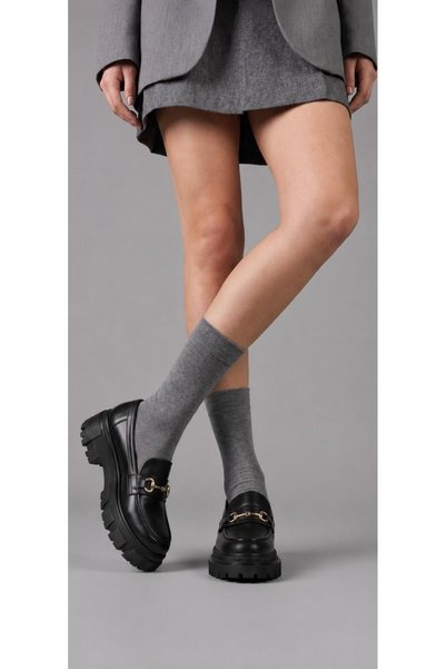 yesmoda Y2K HARAJUKU TARZ BLUCHER OKUL KOLEJ LOAFER SİYAH MAT KALIN TABAN TOKA DETAYLI MAKOSEN AYAKKABI
