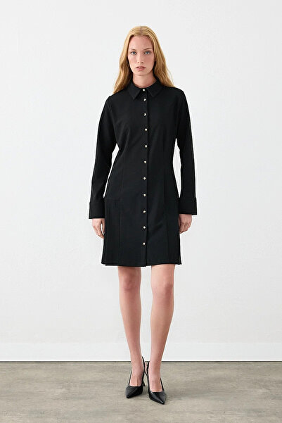 Gusto Shirt Collar Buttoned Dress - Black