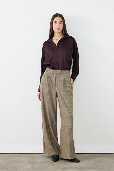 Gusto Houndstooth Pattern Wide Leg Fabric Trousers - Brown