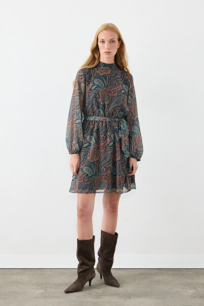 Gusto Shawl Patterned High Collar Mini Dress - Tile