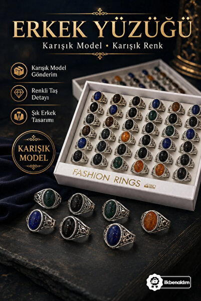 İlkbenaldim 36 Pieces of Men's Stone Rings, Mixed Models, Men's Accessories