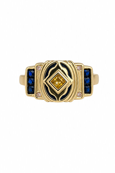 Jack Ferrero Stylish Design Yellow-Tone Blue Stone Ring - for Special Occasio...