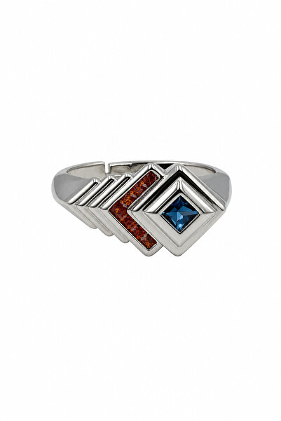 Jack Ferrero Geometric Patterned Gray Steel Ring with Blue Stones and Red Detail