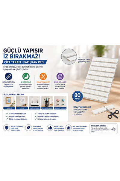 NATUREL Yapışkan Ped 80 Adet – Çift Taraflı Güçlü Yapıştırıcı Ped – Sökülebilir Bant – İz Bırakmayan Yapışkan Ped SAKIZ BANT