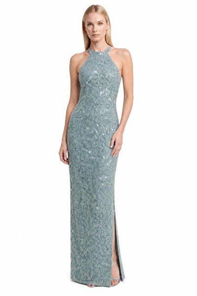 SpringStore Mint Halter Yaka Dantel Boncuk İşlemeli Abiye