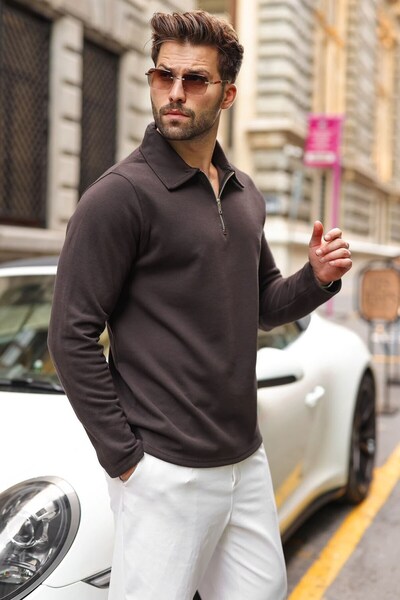 Madmext Bitter Brown Half Zipper Polo Collar Textured Men's Sweatshirt E7197