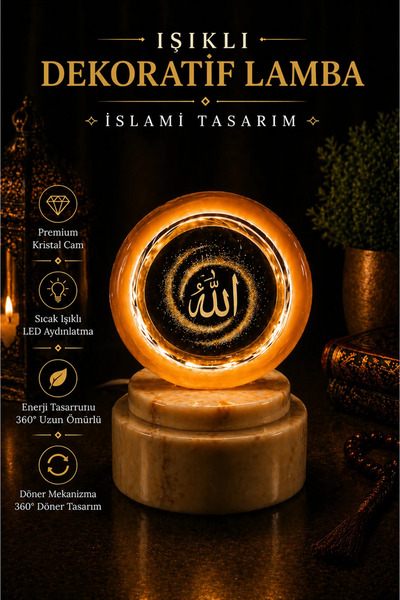 İlkbenaldim Işıklı Dekoratif Kristal Küre Lamba – İslami Tasarım 360° Döner L...
