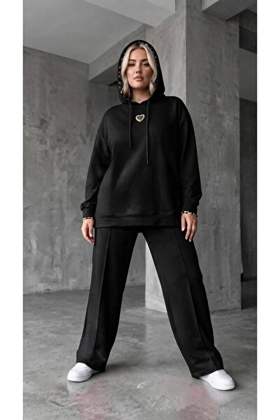 Koza Butik Women's Plus Size Long Sleeve Leopard Detailed Hooded Tracksuit Se...
