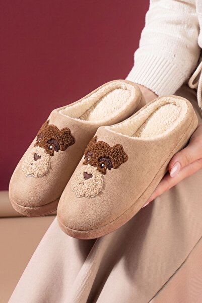 FUGA MODA Howy Beige Plush House Slippers with Dog Figure, Soft Inside, Winte...