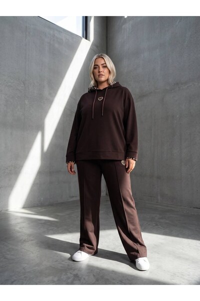 Koza Butik Women's Plus Size Long Sleeve Leopard Detailed Hooded Tracksuit Se...
