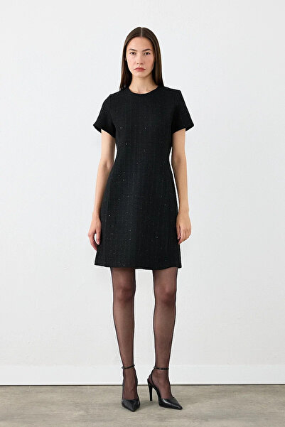 Gusto Short Sleeve Tweed Dress - Black