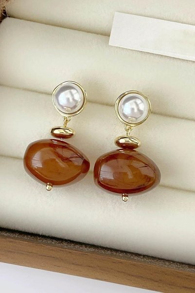 Glamluxe Gold Color Pearl and Amber Color Beaded Korean Style Stylish Women's Earrings