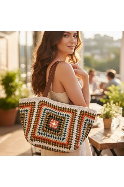 B BUL AKSESUAR Handmade Crochet Large Knitted Bag with Lining and Colorful Mo...