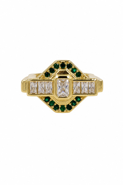 Jack Ferrero Yellow Tone Green and Transparent Stone Detailed Modern Steel Ring