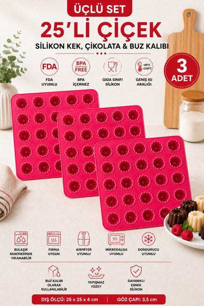 Stork 3 Pieces of 25-Cavity Flower Shape Silicone Cake Mold 5X5 Grid Pink Cho...