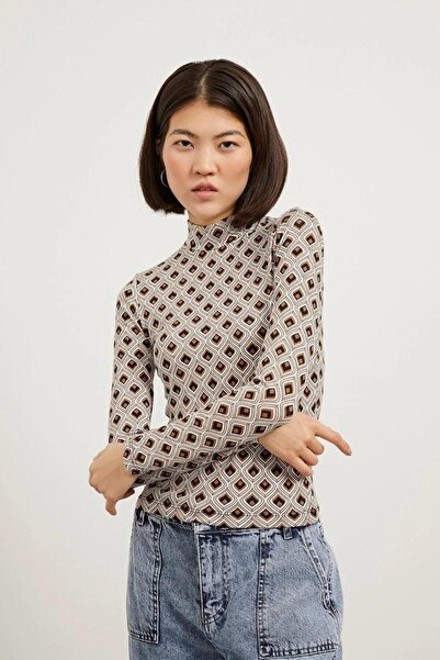 ladyzey Women Coffee Retro Pattern Half Fisherman Long Sleeve Blouse