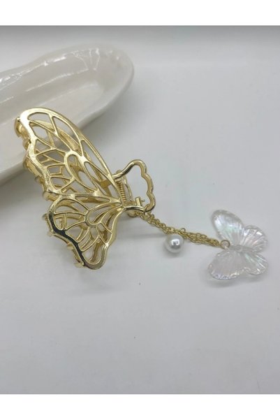 Glamluxe Gold Color Openwork Butterfly Figured Metal Hair Clip with Pearls and Hanging Butterfly Detail