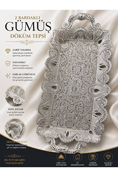 İlkbenaldim Şal Desenli Telkari Model 2 Bardaklı Gümüş Döküm Tepsi
