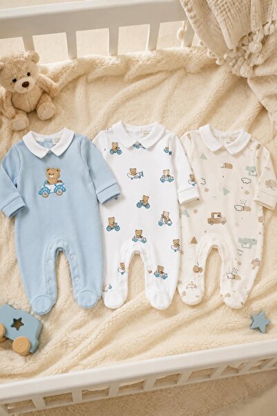 KUZENLER BEBE BEBEK DESENLİ 0-3 AY ÜÇLÜ YENİDOĞAN PATİKLİ %100 PAMUKLU TULUM ...