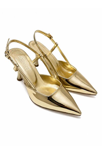 asmi shoes Women's Matina Gold Patent Leather 7 cm Heeled Pointed Toe Open Ba...