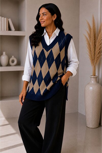 SFG Women's Acrylic Diamond Patterned Furry Collar Ribbed Knitwear Sweater Ov...