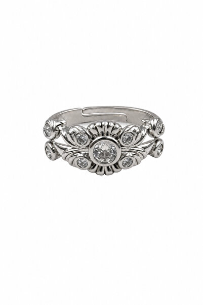 Jack Ferrero Elegant Embroidered Grey Color Stone Adjustable Steel Ring for W...
