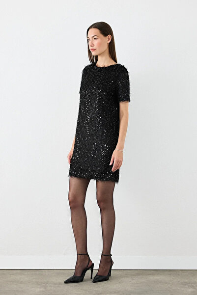 Gusto Sequin Jersey Half Sleeve Dress - Black