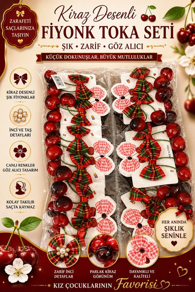 İlkbenaldim Girl's Hair Clip Set with Cherry and Plaid Bow Detail – Mixed Model