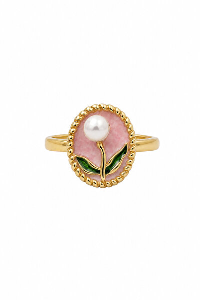 Jack Ferrero Yellow Color Pearl Detailed Flower Motif Elegant Women's Ring