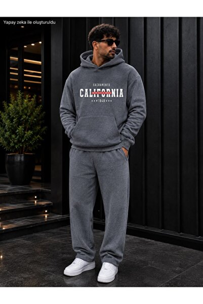 caddekombin Men's Sacramento California Printed Tracksuit Set / Hooded Kangar...