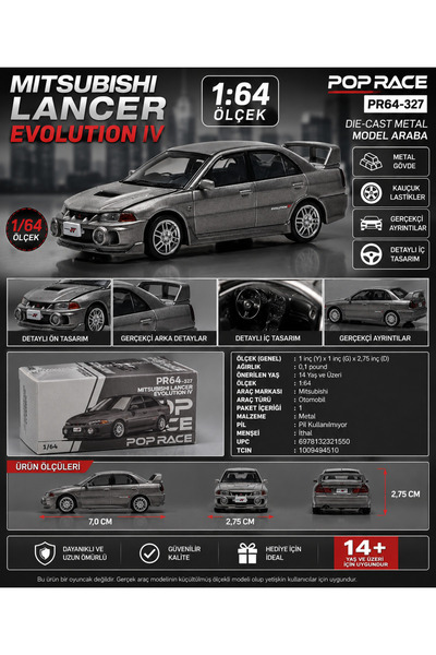 SUDESA OYUNCAK 1:64 Scale Mitsubishi Lancer Evolution Iv Metal Model Car – Da...